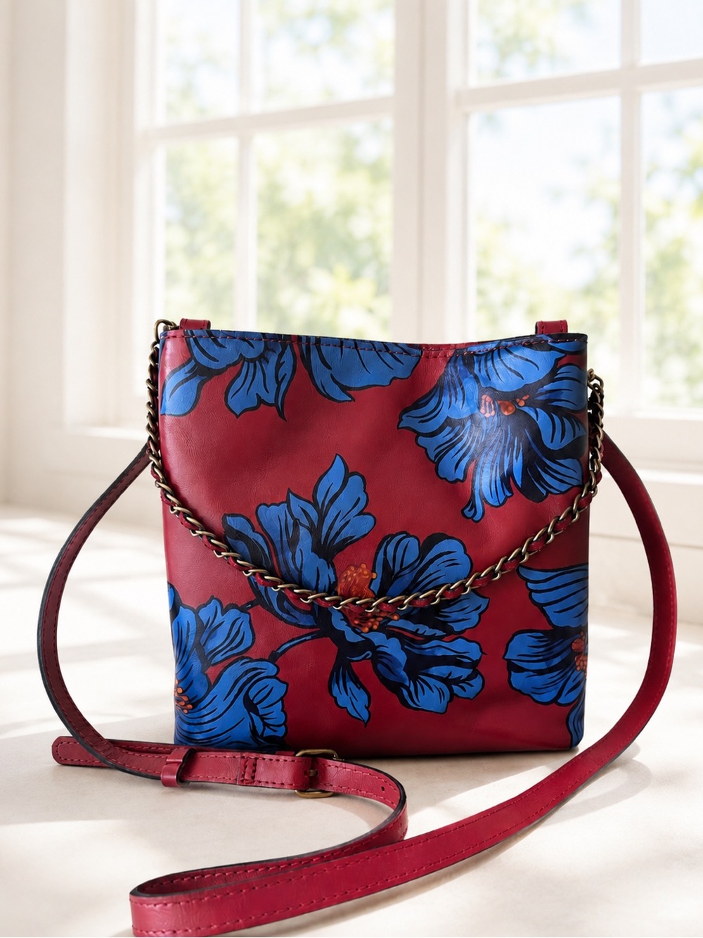 Patricia Nash Leather Ledra Bucket Crossbody Tote Handbag Grecian Rose Red Blue
